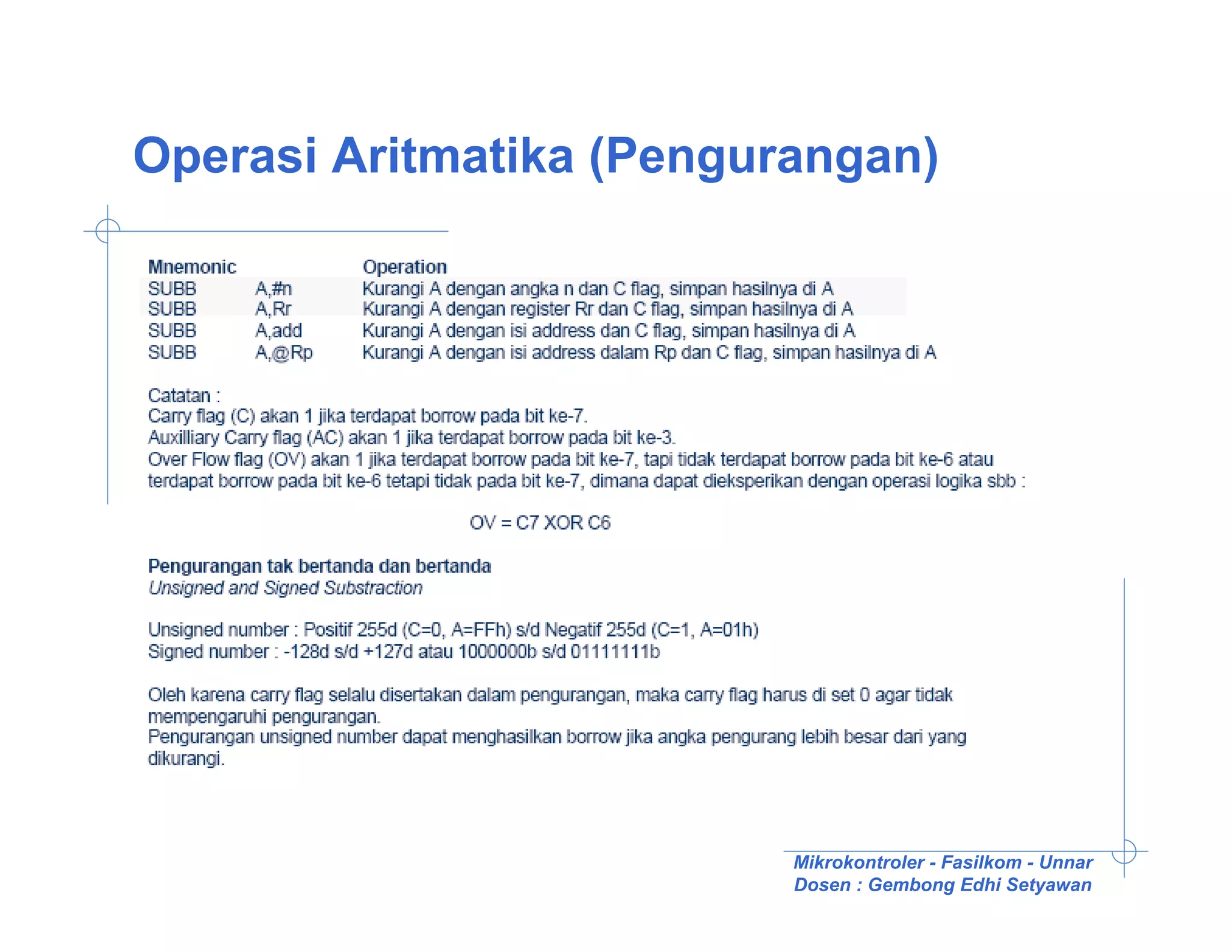 Operasi Aritmatika (Pengurangan)




                          Mikrokontroler - Fasilkom - Unnar
                          Dosen : Gembong Edhi Setyawan
 