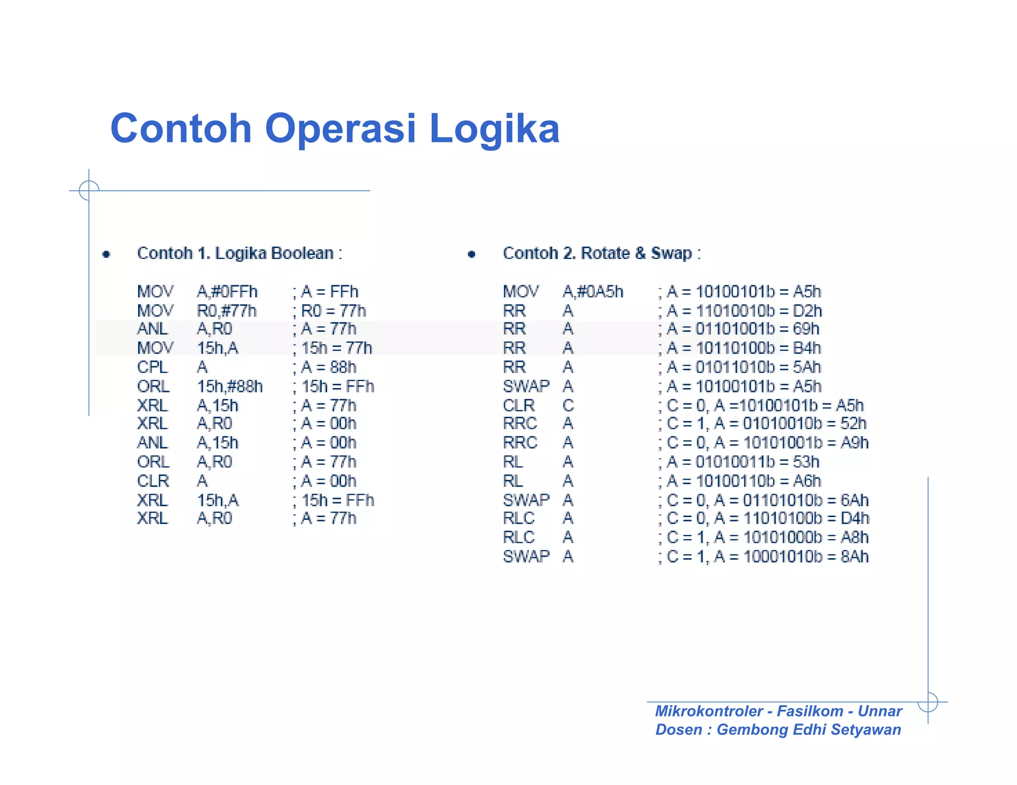 Contoh Operasi Logika




                        Mikrokontroler - Fasilkom - Unnar
                        Dosen : Gembong Edhi Setyawan
 