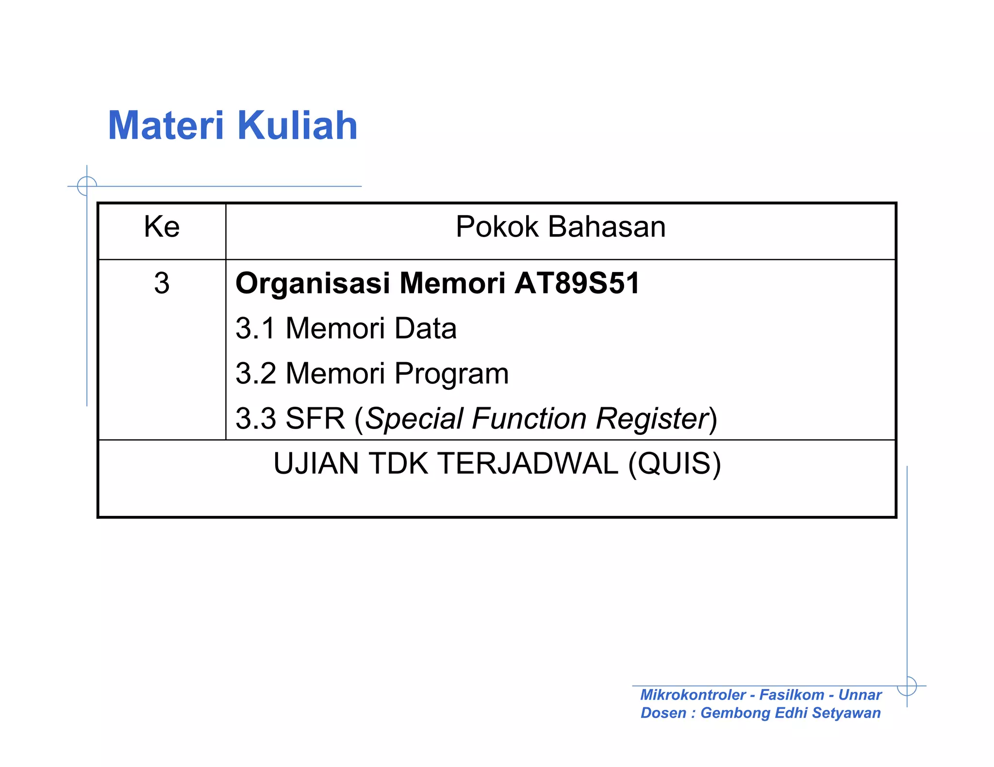 Materi Kuliah

 Ke                  Pokok Bahasan
  3   Organisasi Memori AT89S51
      3.1 Memori Data
      3.2 Memori Program
      3.3 SFR (Special Function Register)
         UJIAN TDK TERJADWAL (QUIS)




                                   Mikrokontroler - Fasilkom - Unnar
                                   Dosen : Gembong Edhi Setyawan
 