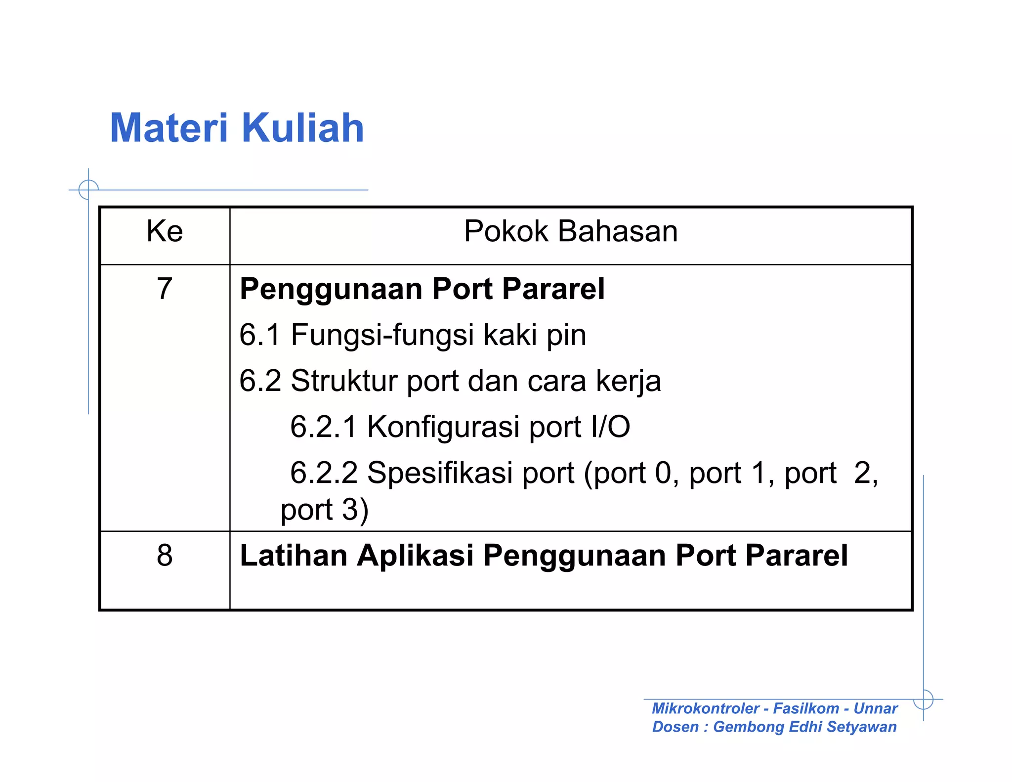 Materi Kuliah

 Ke                    Pokok Bahasan
  7   Penggunaan Port Pararel
      6.1 Fungsi-fungsi kaki pin
      6.2 Struktur port dan cara kerja
          6.2.1 Konfigurasi port I/O
          6.2.2 Spesifikasi port (port 0, port 1, port 2,
         port 3)
  8   Latihan Aplikasi Penggunaan Port Pararel



                                      Mikrokontroler - Fasilkom - Unnar
                                      Dosen : Gembong Edhi Setyawan
 