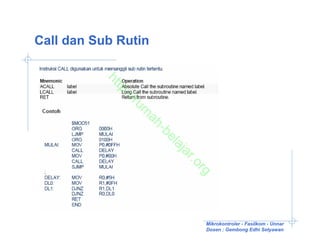 Call dan Sub Rutin



          ht
            tp
             ://
                ru
                 m
                  ah
                     -b
                       el
                       aj
                       ar
                          .o
                            rg

                            Mikrokontroler - Fasilkom - Unnar
                            Dosen : Gembong Edhi Setyawan
 