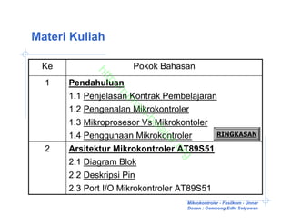 Materi Kuliah

 Ke                  Pokok Bahasan


           ht
             tp
  1   Pendahuluan

                ://
                   ru
      1.1 Penjelasan Kontrak Pembelajaran


                  m
      1.2 Pengenalan Mikrokontroler

                   ah
                        -b
      1.3 Mikroprosesor Vs Mikrokontoler

                          el
                          aj
      1.4 Penggunaan Mikrokontroler       RINGKASAN



                           ar
                              .o
  2   Arsitektur Mikrokontroler AT89S51


                                rg
      2.1 Diagram Blok
      2.2 Deskripsi Pin
      2.3 Port I/O Mikrokontroler AT89S51
                                  Mikrokontroler - Fasilkom - Unnar
                                  Dosen : Gembong Edhi Setyawan
 