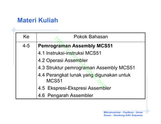 Materi Kuliah

 Ke                  Pokok Bahasan


            ht
              tp
 4-5   Pemrograman Assembly MCS51

                ://
                   ru
       4.1 Instruksi-instruksi MCS51


                   m
       4.2 Operasi Assembler

                    ah
                        -b
       4.3 Struktur pemrograman Assembly MCS51

                          el
                          aj
       4.4 Perangkat lunak yang digunakan untuk

                           ar
           MCS51

                              .o
                                rg
       4.5 Ekspresi-Ekspresi Assembler
       4.6 Pengarah Assembler


                                  Mikrokontroler - Fasilkom - Unnar
                                  Dosen : Gembong Edhi Setyawan
 