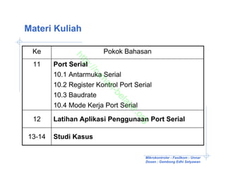 Materi Kuliah

 Ke                     Pokok Bahasan


              ht
                tp
 11     Port Serial

                  ://
                     ru
        10.1 Antarmuka Serial


                      m
        10.2 Register Kontrol Port Serial

                       ah
                          -b
        10.3 Baudrate

                            el
                              aj
        10.4 Mode Kerja Port Serial

                                ar
                                   .o
 12     Latihan Aplikasi Penggunaan Port Serial

13-14   Studi Kasus                  rg

                                      Mikrokontroler - Fasilkom - Unnar
                                      Dosen : Gembong Edhi Setyawan
 