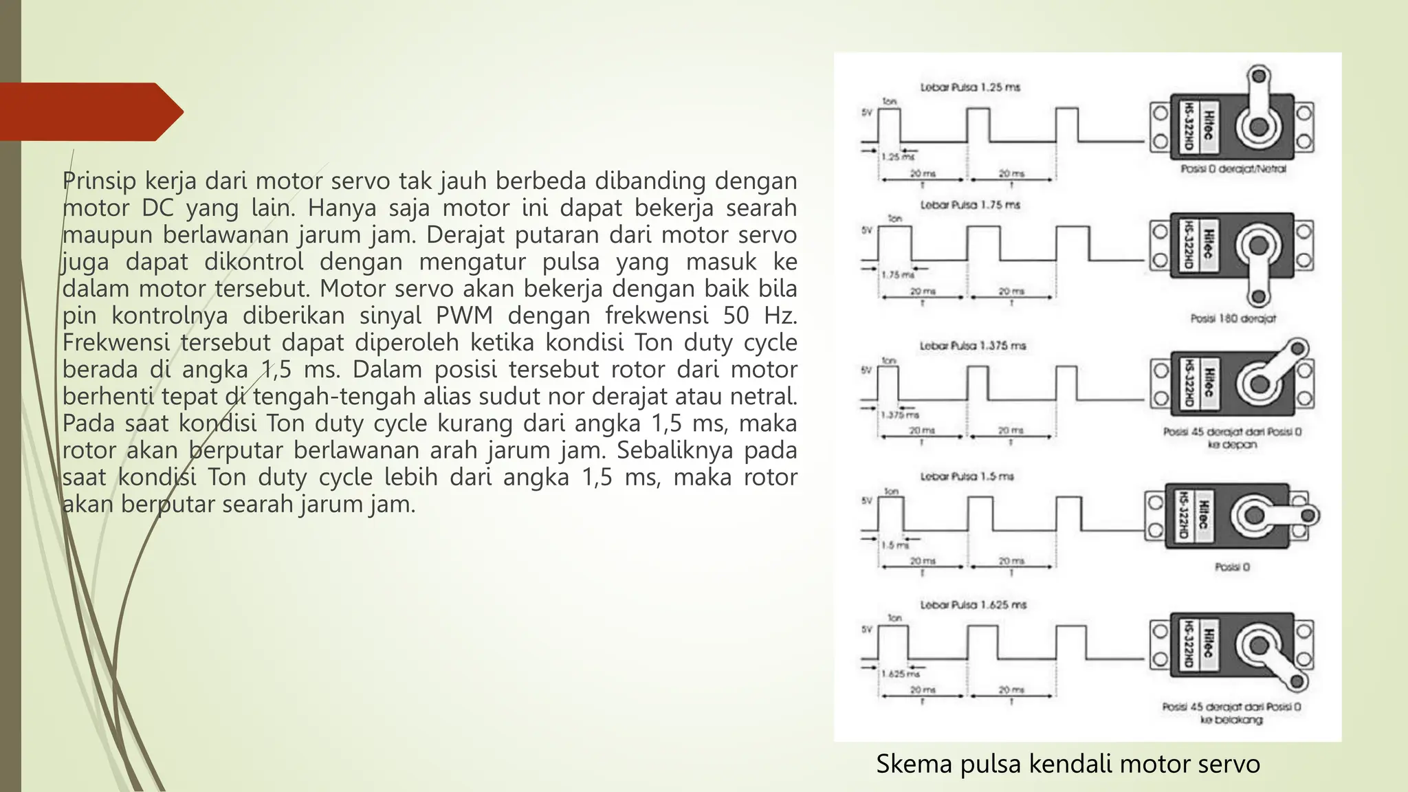 Prinsip kerja dari motor servo tak jauh berbeda dibanding dengan
motor DC yang lain. Hanya saja motor ini dapat bekerja searah
maupun berlawanan jarum jam. Derajat putaran dari motor servo
juga dapat dikontrol dengan mengatur pulsa yang masuk ke
dalam motor tersebut. Motor servo akan bekerja dengan baik bila
pin kontrolnya diberikan sinyal PWM dengan frekwensi 50 Hz.
Frekwensi tersebut dapat diperoleh ketika kondisi Ton duty cycle
berada di angka 1,5 ms. Dalam posisi tersebut rotor dari motor
berhenti tepat di tengah-tengah alias sudut nor derajat atau netral.
Pada saat kondisi Ton duty cycle kurang dari angka 1,5 ms, maka
rotor akan berputar berlawanan arah jarum jam. Sebaliknya pada
saat kondisi Ton duty cycle lebih dari angka 1,5 ms, maka rotor
akan berputar searah jarum jam.
Skema pulsa kendali motor servo
 