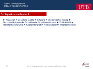 Siebe: Mikroökonomie
  ISBN: 978-3-8252-3789-9



Schlagwörter zu Kapitel 2

 ► Knappheit ► gesättigte Märkte ► Effizienz ► ökonomisches Prinzip ►
 Opportunitätskosten ► Produktion ► Produktionsfaktoren ► Produktivität ►
 Transformationskurve ► Kapitalintensität ► Humankapital ► Wachstumspolitik




    19                   © UVK Verlagsgesellschaft mbH, Konstanz und München 2011
 