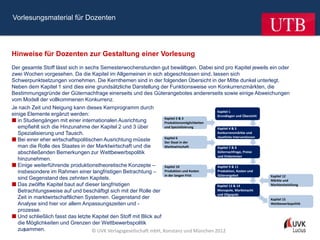 Vorlesungsmaterial für Dozenten




Hinweise für Dozenten zur Gestaltung einer Vorlesung
Der gesamte Stoff lässt sich in sechs Semesterwochenstunden gut bewältigen. Dabei sind pro Kapitel jeweils ein oder
zwei Wochen vorgesehen. Da die Kapitel im Allgemeinen in sich abgeschlossen sind, lassen sich
Schwerpunktsetzungen vornehmen. Die Kernthemen sind in der folgenden Übersicht in der Mitte dunkel unterlegt.
Neben dem Kapitel 1 sind dies eine grundsätzliche Darstellung der Funktionsweise von Konkurrenzmärkten, die
Bestimmungsgründe der Güternachfrage einerseits und des Güterangebotes andererseits sowie einige Abweichungen
vom Modell der vollkommenen Konkurrenz.
Je nach Zeit und Neigung kann dieses Kernprogramm durch
                                                                                            Kapitel 1
einige Elemente ergänzt werden:                                                             Grundlagen und Übersicht
                                                                   Kapitel 2 & 3
 in Studiengängen mit einer internationalen Ausrichtung           Produktionsmöglichkeiten
   empfiehlt sich die Hinzunahme der Kapitel 2 und 3 über          und Spezialisierung      Kapitel 4 & 5
   Spezialisierung und Tausch.                                                              Konkurrenzmärkte und
                                                                   Kapitel 6                staatliche Interventionen
 Bei einer eher wirtschaftspolitischen Ausrichtung müsste         Der Staat in der
   man die Rolle des Staates in der Marktwirtschaft und die        Marktwirtschaft          Kapitel 7 & 8
   abschließenden Bemerkungen zur Wettbewerbspolitik                                        Güternachfrage, Preise
                                                                                            und Einkommen
   hinzunehmen.
 Einige weiterführende produktionstheoretische Konzepte –         Kapitel 10               Kapitel 9 & 11
   insbesondere im Rahmen einer langfristigen Betrachtung –        Produktion und Kosten    Produktion, Kosten und
                                                                   in der langen Frist      Güterangebot                Kapitel 12
   sind Gegenstand des zehnten Kapitels.                                                                                Märkte und
 Das zwölfte Kapitel baut auf dieser langfristigen                                         Kapitel 13 & 14             Marktentwicklung
   Betrachtungsweise auf und beschäftigt sich mit der Rolle der                             Monopole, Marktmacht
                                                                                            und Oligopole
   Zeit in marktwirtschaftlichen Systemen. Gegenstand der                                                               Kapitel 15
   Analyse sind hier vor allem Anpassungszeiten und -                                                                   Wettbewerbspolitik
   prozesse.
 Und schließlich fasst das letzte Kapitel den Stoff mit Blick auf
   die Möglichkeiten und Grenzen der Wettbewerbspolitik
   zusammen.
     2                             © UVK Verlagsgesellschaft mbH, Konstanz und München 2012
 