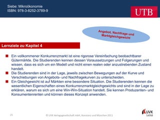 Siebe: Mikroökonomie
   ISBN: 978-3-8252-3789-9




Lernziele zu Kapitel 4

   Ein vollkommener Konkurrenzmarkt ist eine rigorose Vereinfachung beobachtbarer
    Gütermärkte. Die Studierenden kennen dessen Voraussetzungen und Folgerungen und
    wissen, dass es sich um ein Modell und nicht einen realen oder anzustrebenden Zustand
    handelt.
   Die Studierenden sind in der Lage, jeweils zwischen Bewegungen auf der Kurve und
    Verschiebungen von Angebots- und Nachfragekurven zu unterscheiden.
   Ein Gleichgewicht ist auf Märkten eine besondere Situation. Die Studierenden kennen die
    wesentlichen Eigenschaften eines Konkurrenzmarktgleichgewichts und sind in der Lage zu
    erklären, warum es sich um eine Win-Win-Situation handelt. Sie kennen Produzenten- und
    Konsumentenrenten und können dieses Konzept anwenden.




    25                    © UVK Verlagsgesellschaft mbH, Konstanz und München 2011
 