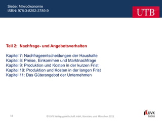 Siebe: Mikroökonomie
ISBN: 978-3-8252-3789-9




Teil 2: Nachfrage- und Angebotsverhalten

Kapitel 7: Nachfrageentscheidungen der Haushalte
Kapitel 8: Preise, Einkommen und Marktnachfrage
Kapitel 9: Produktion und Kosten in der kurzen Frist
Kapitel 10: Produktion und Kosten in der langen Frist
Kapitel 11: Das Güterangebot der Unternehmen




  53                  © UVK Verlagsgesellschaft mbH, Konstanz und München 2011
 