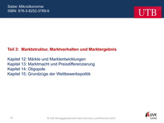 Siebe: Mikroökonomie
ISBN: 978-3-8252-3789-9




Teil 3: Marktstruktur, Marktverhalten und Marktergebnis

Kapitel 12: Märkte und Marktentwicklungen
Kapitel 13: Marktmacht und Preisdifferenzierung
Kapitel 14: Oligopole
Kapitel 15: Grundzüge der Wettbewerbspolitik




 91                  © UVK Verlagsgesellschaft mbH, Konstanz und München 2011
 