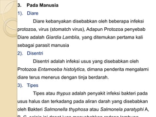 3. Pada Manusia
1). Diare
Diare kebanyakan disebabkan oleh beberapa infeksi
protozoa, virus (stomatch virus), Adapun Protozoa penyebab
Diare adalah Giardia Lamblia, yang ditemukan pertama kali
sebagai parasit manusia
2). Disentri
Disentri adalah infeksi usus yang disebabkan oleh
Protozoa Entamoeba histolytica, dimana penderita mengalami
diare terus menerus dengan tinja berdarah.
3). Tipes
Tipes atau thypus adalah penyakit infeksi bakteri pada
usus halus dan terkadang pada aliran darah yang disebabkan
oleh Bakteri Salmonella thyphosa atau Salmonela paratyphi A,
 