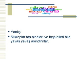 Yanlış. Mikroplar taş binaları ve heykelleri bile yavaş yavaş aşındırırlar.   