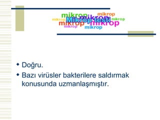 Doğru. Bazı virüsler bakterilere saldırmak konusunda uzmanlaşmıştır.   