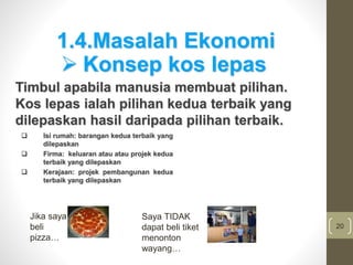 20
1.4.Masalah Ekonomi
Timbul apabila manusia membuat pilihan.
Kos lepas ialah pilihan kedua terbaik yang
dilepaskan hasil daripada pilihan terbaik.
 Konsep kos lepas
 Isi rumah: barangan kedua terbaik yang
dilepaskan
 Firma: keluaran atau atau projek kedua
terbaik yang dilepaskan
 Kerajaan: projek pembangunan kedua
terbaik yang dilepaskan
Jika saya
beli
pizza…
Saya TIDAK
dapat beli tiket
menonton
wayang…
 