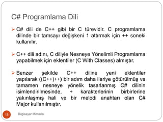 Bilgisayar Mimarisi18
C# Programlama Dili
 C# dili de C++ gibi bir C türevidir. C programlama
dilinde bir tamsayı değişkeni 1 attırmak için ++ soneki
kullanılır.
 C++ dili adını, C diliyle Nesneye Yönelimli Programlama
yapabilmek için eklentiler (C With Classes) almıştır.
 Benzer şekilde C++ diline yeni eklentiler
yapılarak ((C++)++) bir adım daha ileriye götürülmüş ve
tamamen nesneye yönelik tasarlanmış C# dilinin
isimlendirilmesinde, + karakterlerinin birbirlerine
yakınlaşmış hali ve bir melodi anahtarı olan C#
Major kullanılmıştır.
 