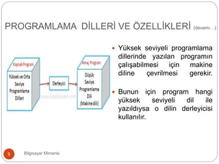  Yüksek seviyeli programlama
dillerinde yazılan programın
çalışabilmesi için makine
diline çevrilmesi gerekir.
 Bunun için program hangi
yüksek seviyeli dil ile
yazıldıysa o dilin derleyicisi
kullanılır.
Bilgisayar Mimarisi9
PROGRAMLAMA DİLLERİ VE ÖZELLİKLERİ (devamı…)
 