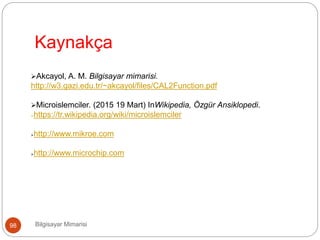 Bilgisayar Mimarisi98
Akcayol, A. M. Bilgisayar mimarisi.
http://w3.gazi.edu.tr/~akcayol/files/CAL2Function.pdf
Microislemciler. (2015 19 Mart) InWikipedia, Özgür Ansiklopedi.
https://tr.wikipedia.org/wiki/microislemciler
http://www.mikroe.com
http://www.microchip.com
Kaynakça
 