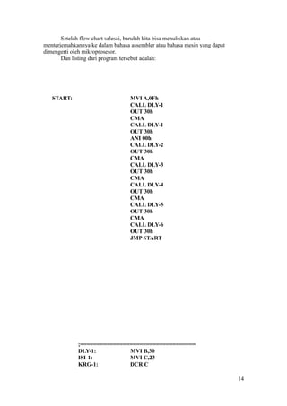 Setelah flow chart selesai, barulah kita bisa menuliskan atau
menterjemahkannya ke dalam bahasa assembler atau bahasa mesin yang dapat
dimengerti oleh mikroprosesor.
Dan listing dari program tersebut adalah:
START: MVI A,0Fh
CALL DLY-1
OUT 30h
CMA
CALL DLY-1
OUT 30h
ANI 00h
CALL DLY-2
OUT 30h
CMA
CALL DLY-3
OUT 30h
CMA
CALL DLY-4
OUT 30h
CMA
CALL DLY-5
OUT 30h
CMA
CALL DLY-6
OUT 30h
JMP START
;===================================
DLY-1: MVI B,30
ISI-1: MVI C,23
KRG-1: DCR C
14
 