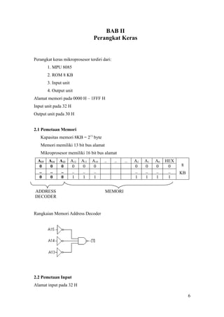BAB II
Perangkat Keras
Perangkat keras mikroprosesor terdiri dari:
1. MPU 8085
2. ROM 8 KB
3. Input unit
4. Output unit
Alamat memori pada 0000 H – 1FFF H
Input unit pada 32 H
Output unit pada 30 H
2.1 Pemetaan Memori
Kapasitas memori 8KB = 213
byte
Memori memiliki 13 bit bus alamat
Mikroprosesor memiliki 16 bit bus alamat
A15 A14 A13 A12 A11 A10 .. .. .. A2 A1 A0 HEX
0 0 0 0 0 0 0 0 0 0
.. .. .. .. .. .. .. .. .. ..
0 0 0 1 1 1 1 1 1 1
8
KB
Rangkaian Memori Address Decoder
2.2 Pemetaan Input
Alamat input pada 32 H
6
MEMORIADDRESS
DECODER
 