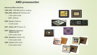 AMD prosessorları
Advanced Micro Devices
1995-1997. K5, K6 (Pentium analoq)
1999-2000. Athlon K7 (Pentium-III)
• 1 Qhs qədər tezlik
• MMX, 3DNow!
2000. Duron (Celeron)
• 1,8 Qhs tezlik
2001. Athlon XP (Pentium 4)
2003. Opteron (серверы)
Athlon 64 X2
• 3 Qhs qədər tezlik
2004. Sempron (Celeron D)
• 2 Qhs qədər tezlik
2006. Turion (Intel Core)
• 2 Qhs qədər tezlik
 