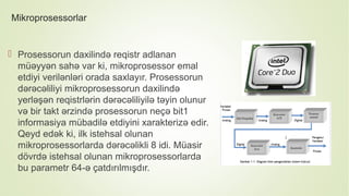 Mikroprosessorlar
 Prosessorun daxilində reqistr adlanan
müəyyən sahə var ki, mikroprosessor emal
etdiyi verilənləri orada saxlayır. Prosessorun
dərəcəliliyi mikroprosessorun daxilində
yerləşən reqistrlərin dərəcəliliyilə təyin olunur
və bir takt ərzində prosessorun neçə bit1
informasiya mübadilə etdiyini xarakterizə edir.
Qeyd edək ki, ilk istehsal olunan
mikroprosessorlarda dərəcəlikli 8 idi. Müasir
dövrdə istehsal olunan mikroprosessorlarda
bu parametr 64-ə çatdırılmışdır.
 