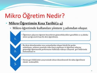 Mikro Öğretim Nedir?
• Mikro Öğretimin Kısa Tarihi(2-4)
• Mikro öğretimde kullanılan yöntem 3 adımdan oluşur.
1.
• Öğretmen adayının öğretim becerilerini gösterebilecekleri genellikle 10-15 dakika
süren içeriği sınırlı kısa bir ders öğretilmesi,
2.
• Bu dersi akranlarından veya uzmanlardan oluşan küçük bir gruba
anlatılması, anlatım sırasında video kayıt yapılması ve öğretmen adayına
gösterdiği öğretmenlik performansı hakkında videoyu izleyerek geri bildirimde
bulunulması ve
3.
• Dersin geri bildirimler çerçevesinde tekrar düzenlenerek bir daha öğretilmesi
olarak sıralanabilir.
11
 