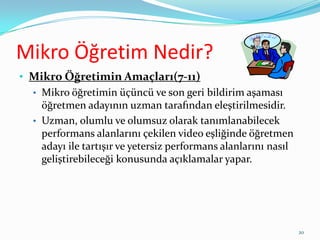 Mikro Öğretim Nedir?
• Mikro Öğretimin Amaçları(7-11)
• Mikro öğretimin üçüncü ve son geri bildirim aşaması
öğretmen adayının uzman tarafından eleştirilmesidir.
• Uzman, olumlu ve olumsuz olarak tanımlanabilecek
performans alanlarını çekilen video eşliğinde öğretmen
adayı ile tartışır ve yetersiz performans alanlarını nasıl
geliştirebileceği konusunda açıklamalar yapar.
20
 