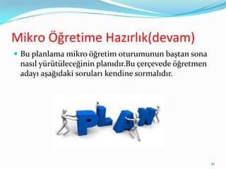 Mikro Öğretime Hazırlık(devam)
 Bu planlama mikro öğretim oturumunun baştan sona
nasıl yürütüleceğinin planıdır.Bu çerçevede öğretmen
adayı aşağıdaki soruları kendine sormalıdır.
30
 