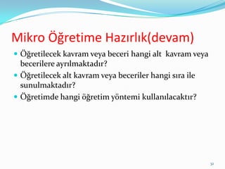 Mikro Öğretime Hazırlık(devam)
 Öğretilecek kavram veya beceri hangi alt kavram veya
becerilere ayrılmaktadır?
 Öğretilecek alt kavram veya beceriler hangi sıra ile
sunulmaktadır?
 Öğretimde hangi öğretim yöntemi kullanılacaktır?
32
 