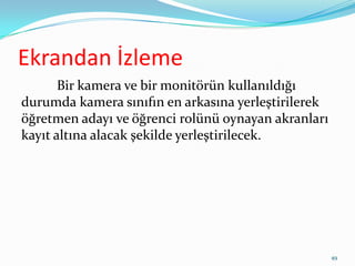 Ekrandan İzleme
Bir kamera ve bir monitörün kullanıldığı
durumda kamera sınıfın en arkasına yerleştirilerek
öğretmen adayı ve öğrenci rolünü oynayan akranları
kayıt altına alacak şekilde yerleştirilecek.
49
 