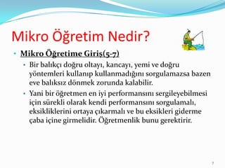 Mikro Öğretim Nedir?
• Mikro Öğretime Giriş(5-7)
• Bir balıkçı doğru oltayı, kancayı, yemi ve doğru
yöntemleri kullanıp kullanmadığını sorgulamazsa bazen
eve balıksız dönmek zorunda kalabilir.
• Yani bir öğretmen en iyi performansını sergileyebilmesi
için sürekli olarak kendi performansını sorgulamalı,
eksikliklerini ortaya çıkarmalı ve bu eksikleri giderme
çaba içine girmelidir. Öğretmenlik bunu gerektirir.
7
 