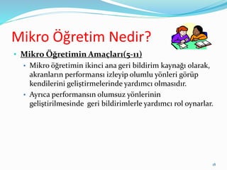 Mikro Öğretim Nedir?
• Mikro Öğretimin Amaçları(5-11)
• Mikro öğretimin ikinci ana geri bildirim kaynağı olarak,
akranların performansı izleyip olumlu yönleri görüp
kendilerini geliştirmelerinde yardımcı olmasıdır.
• Ayrıca performansın olumsuz yönlerinin
geliştirilmesinde geri bildirimlerle yardımcı rol oynarlar.
18
 