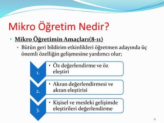 Mikro Öğretim Nedir?
• Mikro Öğretimin Amaçları(8-11)
• Bütün geri bildirim etkinlikleri öğretmen adayında üç
önemli özelliğin gelişmesine yardımcı olur;
1.
• Öz değerlendirme ve öz
eleştiri
2.
• Akran değerlendirmesi ve
akran eleştirisi
3.
• Kişisel ve mesleki gelişimde
eleştirileri değerlendirme
21
 
