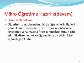 Mikro Öğretime Hazırlık(devam)
 Etkinlik Hazırlama
 Öğretimin amaçlarından biri de öğrencilerin ilgilerini
çekmek, motivasyonlarını arttırmak ve onların da
öğretimde yer almasına fırsat tanımaktır.Bunun için
etkinlik düzenlemek ve öğrencilerle bu etkinlikleri
yapmak gereklidir.
35
 