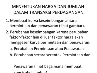 MENENTUKAN HARGA DAN JUMLAH
DALAM TRANSAKSI PERDAGANGAN
1. Membuat kurva keseimbangan antara
permintaan dan penawaran (lihat gambar).
2. Perubahan keseimbangan karena perubahan
faktor-faktor lain di luar faktor harga akan
menggeser kurva permintaan dan penawaran:
a. Perubahan Permintaan atau Penawaran
b. Perubahan secara serentak Permintaan dan
Penawaran (lihat bagaimana membuat
 