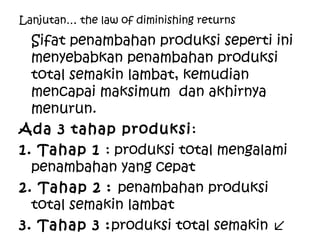 Lanjutan… the law of diminishing returns
Sifat penambahan produksi seperti ini
menyebabkan penambahan produksi
total semakin lambat, kemudian
mencapai maksimum dan akhirnya
menurun.
Ada 3 tahap produksi:
1. Tahap 1 : produksi total mengalami
penambahan yang cepat
2. Tahap 2 : penambahan produksi
total semakin lambat
3. Tahap 3 :produksi total semakin ↙
 