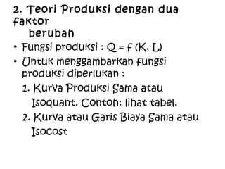2. Teori Produksi dengan dua
faktor
berubah
• Fungsi produksi : Q = f (K, L)
• Untuk menggambarkan fungsi
produksi diperlukan :
1. Kurva Produksi Sama atau
Isoquant. Contoh: lihat tabel.
2. Kurva atau Garis Biaya Sama atau
Isocost
 