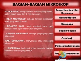 •KONDENSOR, mengumpulkan cahaya yang masuk,
                                               Pengertian dan Sifat
alat ini dapat putar dan di naik turunkan.         Bayangan

• MEJA MIKROSKOP, sebagai tempat meletakkan       Macam-Macam
objek yang akan di amati.
                                                    Kegunaan
• PENJEPIT KACA, untuk menjepit kaca yang
melapisi objek agar tidak mudah bergeser.
                                                  Bagian-bagian
• LENGAN MIKROSKOP sebagai pegangang pada
mikroskop.
                                                    Cara kerja
•KAKI MIKROSKOP, menyangga atau menopang
mikroskop.
                                               Perbesaran bayangan
• DIAFRAGMA, berfungsi untuk mengatur banyak
sedikitnya cahaya yang masuk.
                                               Soal dan Pembahasan
 