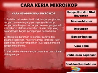 CARA MENGGUNAKAN MIKROSKOP
                                                        Pengertian dan Sifat
                                                            Bayangan
1. Ambillah mikroskop dari kotak tempat penyimpan,
dengan cara memegang pemegang mikroskop                    Macam-Macam
dengan satu tangan, dan tangan lain menyangga kaki
mikroskop. Letakkan mikroskop di atas meja yang              Kegunaan
datar dengan bagian pemegang di depan kalian.

2. Mikroskop diarahkan ke sumber cahaya dan                Bagian-bagian
putarlah (geserkan) revolver sampai terdenga' "klik",
agar lensa objektif yang lemah (10x) tepat berada di
tengah meja benda.                                           Cara kerja
3. Naikkan kondenser sampai batas atas dan bukalah
diafragmanya.                                           Perbesaran bayangan


                                                        Soal dan Pembahasan
 