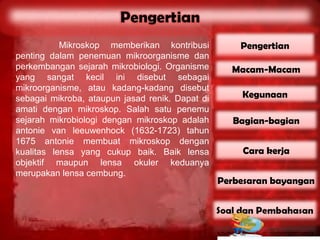 Mikroskop memberikan kontribusi           Pengertian
penting dalam penemuan mikroorganisme dan
perkembangan sejarah mikrobiologi. Organisme       Macam-Macam
yang sangat kecil ini disebut sebagai
mikroorganisme, atau kadang-kadang disebut
sebagai mikroba, ataupun jasad renik. Dapat di       Kegunaan
amati dengan mikroskop. Salah satu penemu
sejarah mikrobiologi dengan mikroskop adalah        Bagian-bagian
antonie van leeuwenhock (1632-1723) tahun
1675 antonie membuat mikroskop dengan
kualitas lensa yang cukup baik. Baik lensa           Cara kerja
objektif maupun lensa okuler keduanya
merupakan lensa cembung.
                                                 Perbesaran bayangan
 