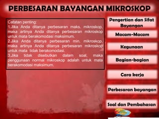 Catatan penting:
                                                  Pengertian dan Sifat
1.Jika Anda ditanya perbesaran maks. mikroskop,       Bayangan
maka artinya Anda ditanya perbesaran mikroskop
untuk mata berakomodasi maksimum.                    Macam-Macam
2.Jika Anda ditanya perbesaran min. mikroskop,
maka artinya Anda ditanya perbesaran mikroskop         Kegunaan
untuk mata tidak berakomodasi.
3.Jika tidak disebutkan dalam soal, maka
penggunaan normal mikroskop adalah untuk mata        Bagian-bagian
berakomodasi maksimum.

                                                       Cara kerja


                                                  Perbesaran bayangan


                                                  Soal dan Pembahasan
 
