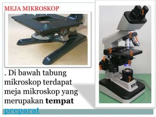 . Di bawah tabung
mikroskop terdapat
meja mikroskop yang
merupakan tempat
preparat
MEJA MIKROSKOP
 