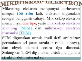 Mikroskop elektron mempunyai perbesaran
sampai 100 ribu kali, elektron digunakan
sebagai pengganti cahaya. Mikroskop elektron
mempunyai dua tipe, yaitu mikroskop elektron
scanning (SEM) dan mikroskop elektron
transmisi (TEM).
SEM digunakan untuk studi detil arsitektur
permukaan sel (atau struktur renik lainnya),
dan obyek diamati secara tiga dimensi.
Sedangkan TEM digunakan untuk mengamati
struktur detil internal sel.
 
