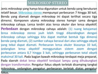 Jenis mikroskop yang hanya bisa digunakan untuk benda yang berukuran
relatif besar. Mikroskop stereo mempunyai perbesaran 7 hingga 30 kali.
Benda yang diamati dengan mikroskop ini dapat terlihat secara tiga
dimensi. Komponen utama mikroskop stereo hampir sama dengan
mikroskop cahaya. Lensa terdiri atas lensa okuler dan lensa obyektif.
Perbedaan dengan mikroskop cahaya adalah: (1) ruang ketajaman
lensa mikroskop stereo jauh lebih tinggi dibandingkan dengan
mikroskop cahaya sehingga kita dapat melihat bentuk tiga dimensi
benda yang diamati, (2) sumber cahaya berasal dari atas sehingga obyek
yang tebal dapat diamati. Perbesaran lensa okuler biasanya 10 kali,
sedangkan lensa obyektif menggunakan sistem zoom dengan
perbesaran antara 0,7 hingga 3 kali, sehingga perbesaran total obyek
maksimal 30 kali. Pada bagian bawah mikroskop terdapat meja preparat.
Pada daerah dekat lensa obyektif terdapat lampu yang dihubungkan
dengan transformator. Pengatur fokus obyek terletak disamping tangkai
mikroskop, sedangkan pengatur perbesaran terletak diatas pengatur
fokus.
MIKROSKOP STEREO
 