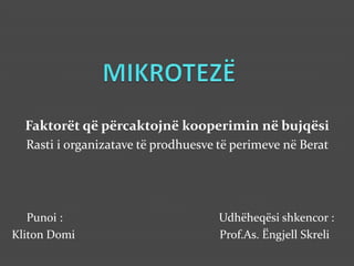 Faktorët që përcaktojnë kooperimin në bujqësi
Rasti i organizatave të prodhuesve të perimeve në Berat

Punoi :
Kliton Domi

Udhëheqësi shkencor :
Prof.As. Ëngjell Skreli

 