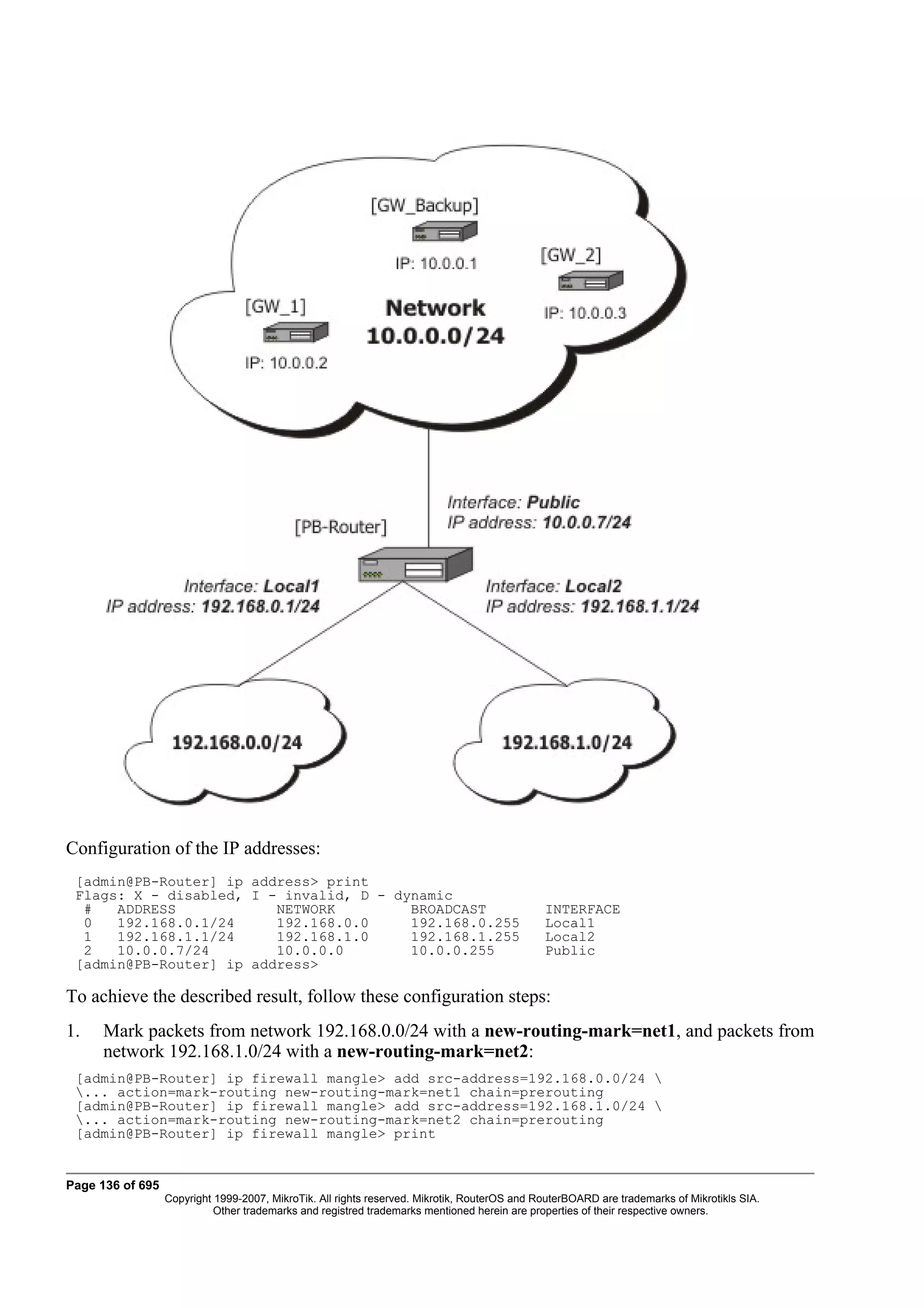 Configuration of the IP addresses:
 [admin@PB-Router] ip address> print
 Flags: X - disabled, I - invalid, D - dynamic
  #   ADDRESS            NETWORK         BROADCAST                                            INTERFACE
  0   192.168.0.1/24     192.168.0.0     192.168.0.255                                        Local1
  1   192.168.1.1/24     192.168.1.0     192.168.1.255                                        Local2
  2   10.0.0.7/24        10.0.0.0        10.0.0.255                                           Public
 [admin@PB-Router] ip address>

To achieve the described result, follow these configuration steps:
1.   Mark packets from network 192.168.0.0/24 with a new-routing-mark=net1, and packets from
     network 192.168.1.0/24 with a new-routing-mark=net2:
 [admin@PB-Router] ip firewall mangle> add src-address=192.168.0.0/24 
 ... action=mark-routing new-routing-mark=net1 chain=prerouting
 [admin@PB-Router] ip firewall mangle> add src-address=192.168.1.0/24 
 ... action=mark-routing new-routing-mark=net2 chain=prerouting
 [admin@PB-Router] ip firewall mangle> print


Page 136 of 695
                  Copyright 1999-2007, MikroTik. All rights reserved. Mikrotik, RouterOS and RouterBOARD are trademarks of Mikrotikls SIA.
                            Other trademarks and registred trademarks mentioned herein are properties of their respective owners.
 
