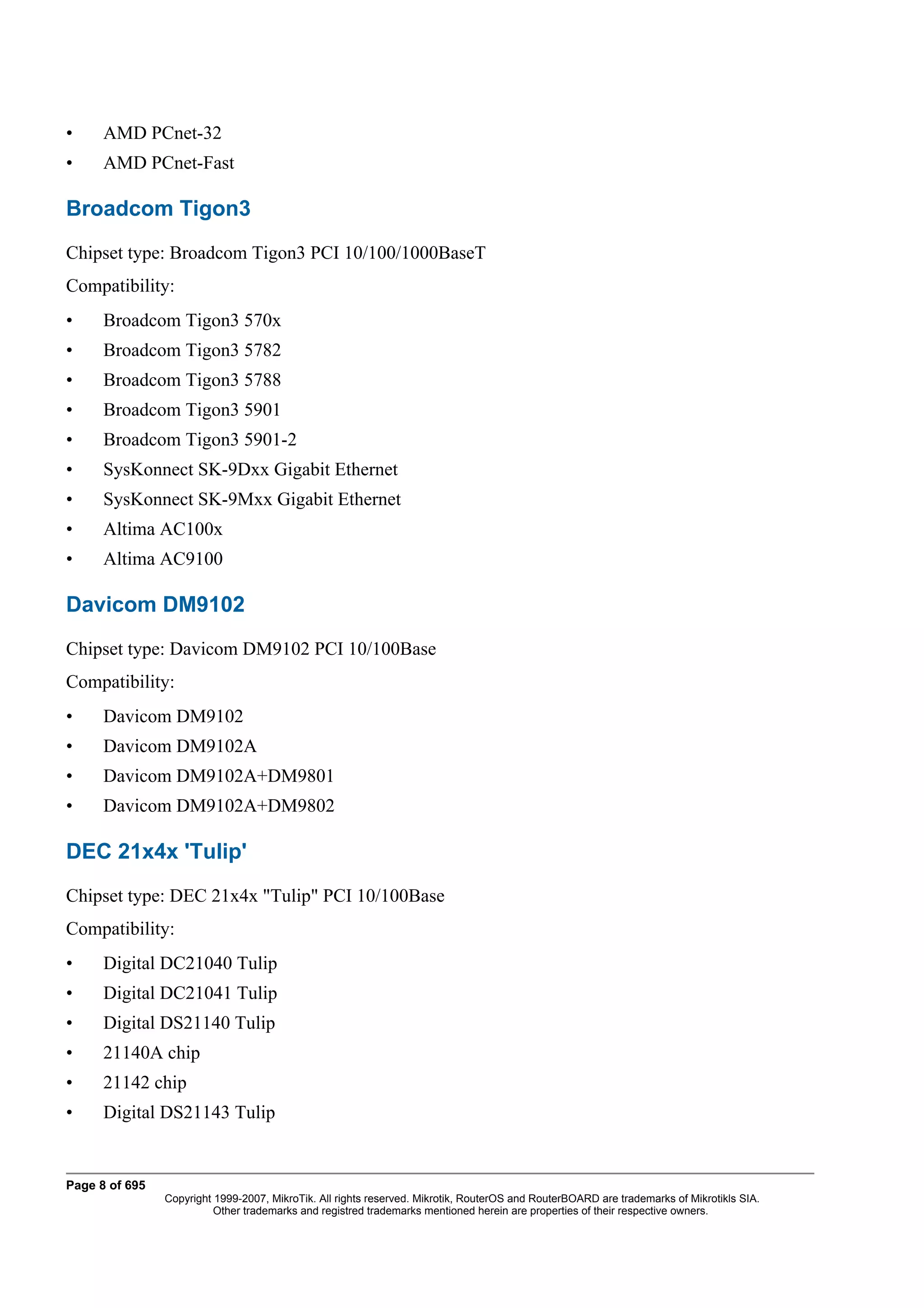 •     AMD PCnet-32
•     AMD PCnet-Fast

Broadcom Tigon3
Chipset type: Broadcom Tigon3 PCI 10/100/1000BaseT
Compatibility:
•     Broadcom Tigon3 570x
•     Broadcom Tigon3 5782
•     Broadcom Tigon3 5788
•     Broadcom Tigon3 5901
•     Broadcom Tigon3 5901-2
•     SysKonnect SK-9Dxx Gigabit Ethernet
•     SysKonnect SK-9Mxx Gigabit Ethernet
•     Altima AC100x
•     Altima AC9100

Davicom DM9102
Chipset type: Davicom DM9102 PCI 10/100Base
Compatibility:
•     Davicom DM9102
•     Davicom DM9102A
•     Davicom DM9102A+DM9801
•     Davicom DM9102A+DM9802

DEC 21x4x 'Tulip'
Chipset type: DEC 21x4x "Tulip" PCI 10/100Base
Compatibility:
•     Digital DC21040 Tulip
•     Digital DC21041 Tulip
•     Digital DS21140 Tulip
•     21140A chip
•     21142 chip
•     Digital DS21143 Tulip


Page 8 of 695
                Copyright 1999-2007, MikroTik. All rights reserved. Mikrotik, RouterOS and RouterBOARD are trademarks of Mikrotikls SIA.
                          Other trademarks and registred trademarks mentioned herein are properties of their respective owners.
 