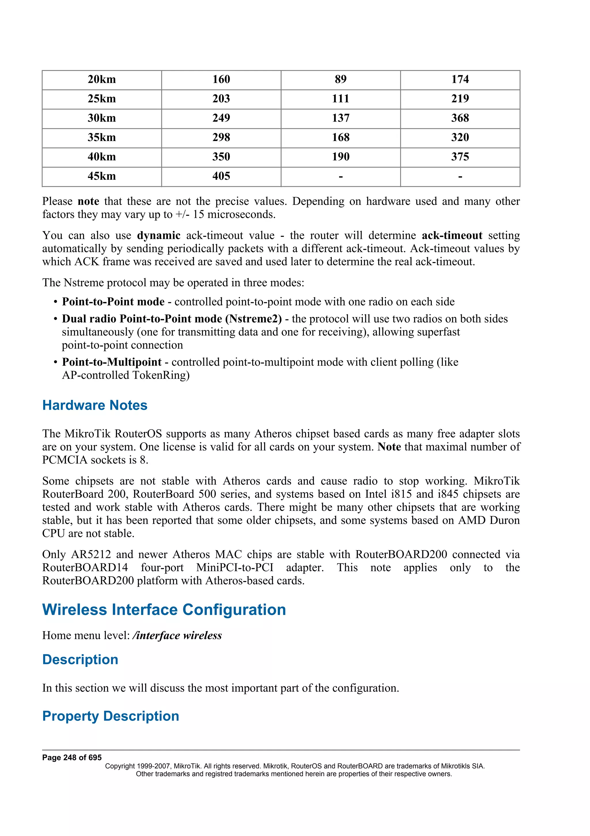 20km                                    160                                    89                                   174
           25km                                    203                                   111                                   219
           30km                                    249                                   137                                   368
           35km                                    298                                   168                                   320
           40km                                    350                                   190                                   375
           45km                                    405                                     -                                     -

Please note that these are not the precise values. Depending on hardware used and many other
factors they may vary up to +/- 15 microseconds.
You can also use dynamic ack-timeout value - the router will determine ack-timeout setting
automatically by sending periodically packets with a different ack-timeout. Ack-timeout values by
which ACK frame was received are saved and used later to determine the real ack-timeout.
The Nstreme protocol may be operated in three modes:
  • Point-to-Point mode - controlled point-to-point mode with one radio on each side
  • Dual radio Point-to-Point mode (Nstreme2) - the protocol will use two radios on both sides
    simultaneously (one for transmitting data and one for receiving), allowing superfast
    point-to-point connection
  • Point-to-Multipoint - controlled point-to-multipoint mode with client polling (like
    AP-controlled TokenRing)

Hardware Notes
The MikroTik RouterOS supports as many Atheros chipset based cards as many free adapter slots
are on your system. One license is valid for all cards on your system. Note that maximal number of
PCMCIA sockets is 8.
Some chipsets are not stable with Atheros cards and cause radio to stop working. MikroTik
RouterBoard 200, RouterBoard 500 series, and systems based on Intel i815 and i845 chipsets are
tested and work stable with Atheros cards. There might be many other chipsets that are working
stable, but it has been reported that some older chipsets, and some systems based on AMD Duron
CPU are not stable.
Only AR5212 and newer Atheros MAC chips are stable with RouterBOARD200 connected via
RouterBOARD14 four-port MiniPCI-to-PCI adapter. This note applies only to the
RouterBOARD200 platform with Atheros-based cards.

Wireless Interface Configuration
Home menu level: /interface wireless

Description
In this section we will discuss the most important part of the configuration.

Property Description

Page 248 of 695
                  Copyright 1999-2007, MikroTik. All rights reserved. Mikrotik, RouterOS and RouterBOARD are trademarks of Mikrotikls SIA.
                            Other trademarks and registred trademarks mentioned herein are properties of their respective owners.
 