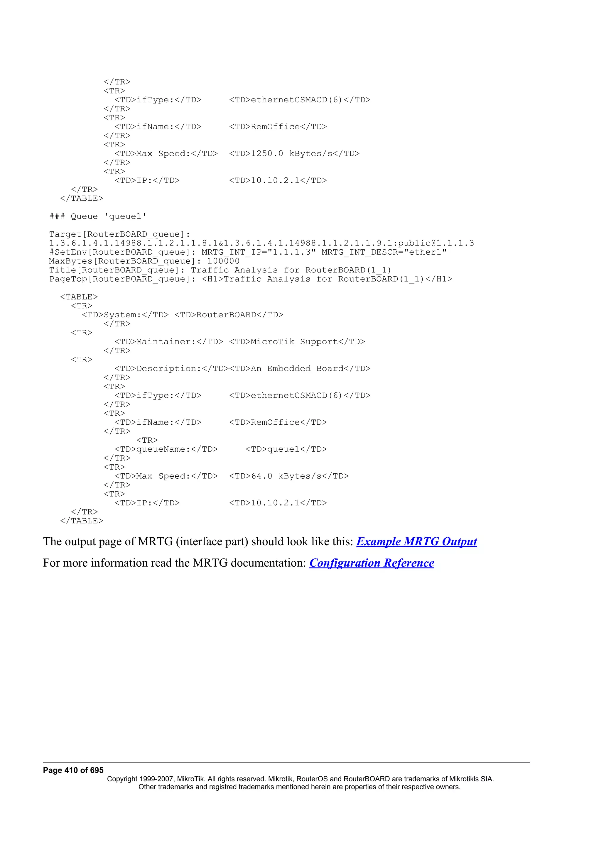 </TR>
              <TR>
                <TD>ifType:</TD>                       <TD>ethernetCSMACD(6)</TD>
              </TR>
              <TR>
                <TD>ifName:</TD>                       <TD>RemOffice</TD>
              </TR>
              <TR>
                <TD>Max Speed:</TD>                    <TD>1250.0 kBytes/s</TD>
              </TR>
              <TR>
                <TD>IP:</TD>                           <TD>10.10.2.1</TD>
      </TR>
    </TABLE>
 ### Queue 'queue1'
 Target[RouterBOARD_queue]:
 1.3.6.1.4.1.14988.1.1.2.1.1.8.1&1.3.6.1.4.1.14988.1.1.2.1.1.9.1:public@1.1.1.3
 #SetEnv[RouterBOARD_queue]: MRTG_INT_IP="1.1.1.3" MRTG_INT_DESCR="ether1"
 MaxBytes[RouterBOARD_queue]: 100000
 Title[RouterBOARD_queue]: Traffic Analysis for RouterBOARD(1_1)
 PageTop[RouterBOARD_queue]: <H1>Traffic Analysis for RouterBOARD(1_1)</H1>
    <TABLE>
      <TR>
        <TD>System:</TD> <TD>RouterBOARD</TD>
            </TR>
      <TR>
              <TD>Maintainer:</TD> <TD>MicroTik Support</TD>
            </TR>
      <TR>
              <TD>Description:</TD><TD>An Embedded Board</TD>
            </TR>
            <TR>
              <TD>ifType:</TD>     <TD>ethernetCSMACD(6)</TD>
            </TR>
            <TR>
              <TD>ifName:</TD>     <TD>RemOffice</TD>
            </TR>
                  <TR>
              <TD>queueName:</TD>     <TD>queue1</TD>
            </TR>
            <TR>
              <TD>Max Speed:</TD> <TD>64.0 kBytes/s</TD>
            </TR>
            <TR>
              <TD>IP:</TD>         <TD>10.10.2.1</TD>
      </TR>
    </TABLE>

The output page of MRTG (interface part) should look like this: Example MRTG Output
For more information read the MRTG documentation: Configuration Reference




Page 410 of 695
                  Copyright 1999-2007, MikroTik. All rights reserved. Mikrotik, RouterOS and RouterBOARD are trademarks of Mikrotikls SIA.
                            Other trademarks and registred trademarks mentioned herein are properties of their respective owners.
 