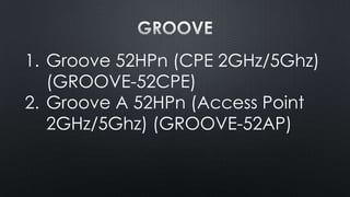1. Groove 52HPn (CPE 2GHz/5Ghz)
(GROOVE-52CPE)
2. Groove A 52HPn (Access Point
2GHz/5Ghz) (GROOVE-52AP)

 